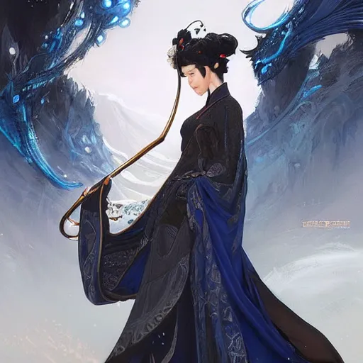 Image similar to 'elegant Chinese princess, D&D, blue eyes, black hair, fantasy, intricate, elegant, highly detailed, digital painting, artstation, concept art, smooth, sharp focus, illustration, art by artgerm and greg rutkowski and alphonse mucha'