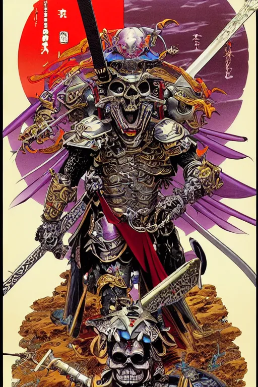 Image similar to poster of crazy skeletor samurai with japanese armor and helmet, by yoichi hatakenaka, masamune shirow, josan gonzales and dan mumford, ayami kojima, takato yamamoto, barclay shaw, karol bak, yukito kishiro