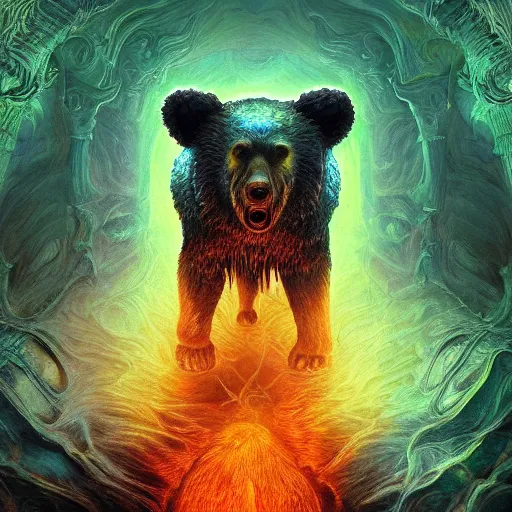 Image similar to photorealistic demon bear in the style of michael whelan and gustave dore. hyperdetailed photorealism, 1 0 8 megapixels, amazing depth, glowing rich colors, powerful imagery, psychedelic overtones, 3 d finalrender, 3 d shading, cinematic lighting, artstation concept art