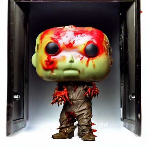 Prompt: funko pop doll of a terrifying lovecraftian giant mechanized melting zombie on fire taken in a light box with studio lighting, high detail, some background blur
