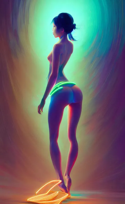 Prompt: ethnic asian girl wearing a skimpy clothes, digital illustration by ruan jia on artstation, outlined by whirling illuminated neon lines and fine lines swirling in circles by jesper ejsing and rhads and makoto and shinkai and lois van baarle, digital art, trending on artstation