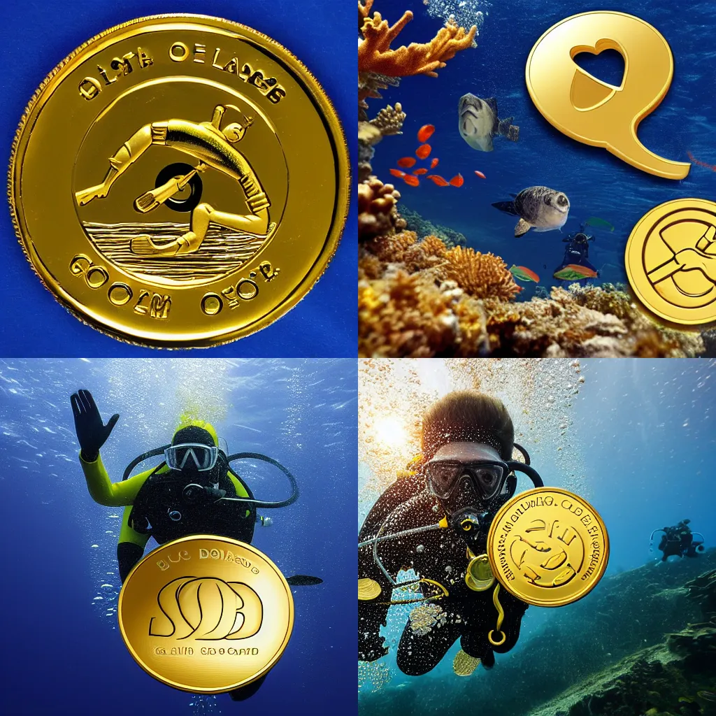 Prompt: logo, scuba diver reach to grab gold coin, deep ocean