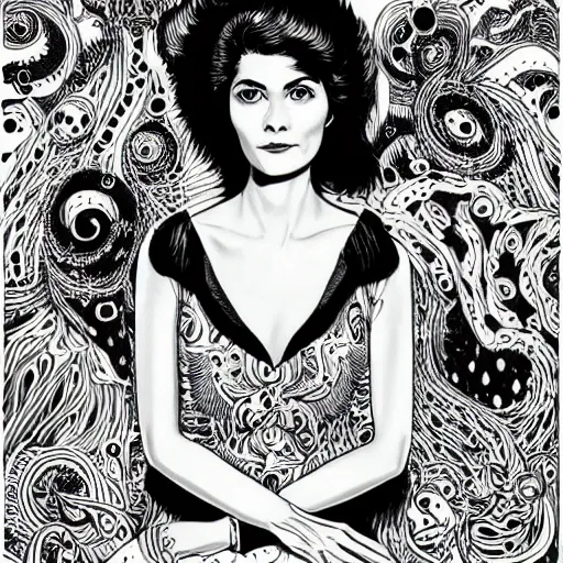 Prompt: portrait of young Audrey tautou by Joe fenton, b&w and yellow