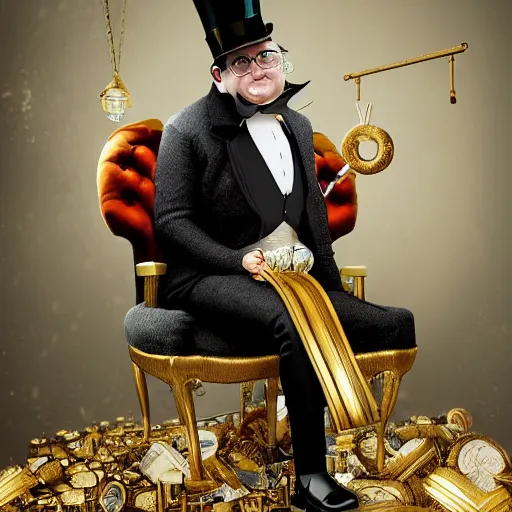 Image similar to oil painting of grumpy rich steampunk penguin sitting on fancy chair, wearing top hat, holding gold, steampunk factory background, factory background, sharp focus, fantasy style, octane render, volumetric lighting, 8k high definition, by greg rutkowski, highly detailed, trending on art Station, centered