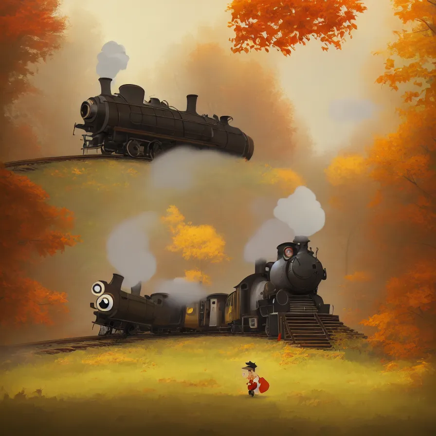 Image similar to Goro Fujita illustrating An antique steam train with a large white cloud coming out of the chimney travels through a beautiful autumn forest along the railroad tracks, art by Goro Fujita, concept art, sharp focus, ArtStation