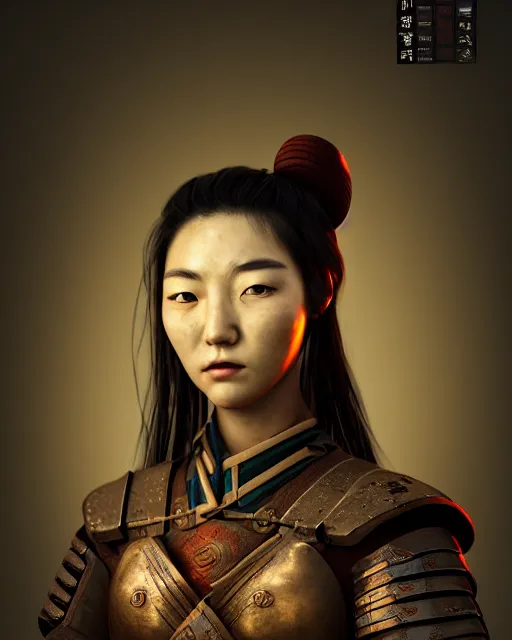 Prompt: a portrait of a female korean warrior, rustic and weathered, retro. trending on artstation, ambient lighting, 4k render, ultra hd, behance art