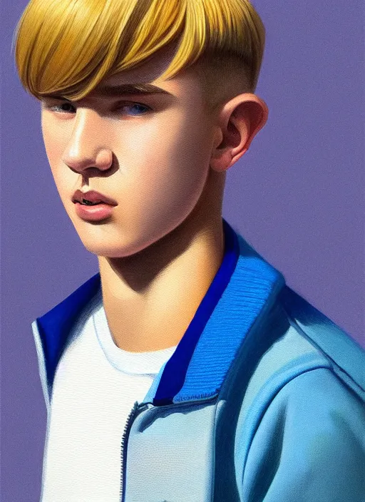 Image similar to portrait of a high school senior boy named moose mason, blonde short hair, jock, beefy, square jaw, square facial structure, 1 9 5 0 s, blue varsity jacket, intricate, elegant, glowing lights, highly detailed, digital painting, artstation, concept art, smooth, sharp focus, illustration, art by wlop, mars ravelo and greg rutkowski