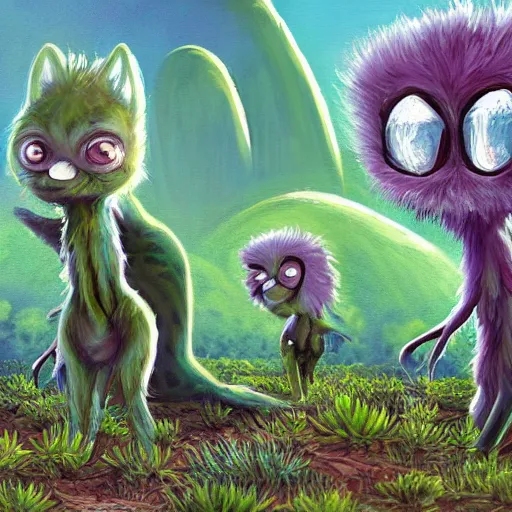 Prompt: cute furry alien creatures in field of unusual extraterrestrial plants detailed painting 4k