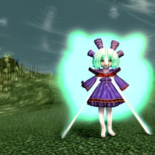 Image similar to cirno from touhou project in morrowind, game screenshot, retro 3 d, pc game, elder scrolls, morrowind, mushrooms