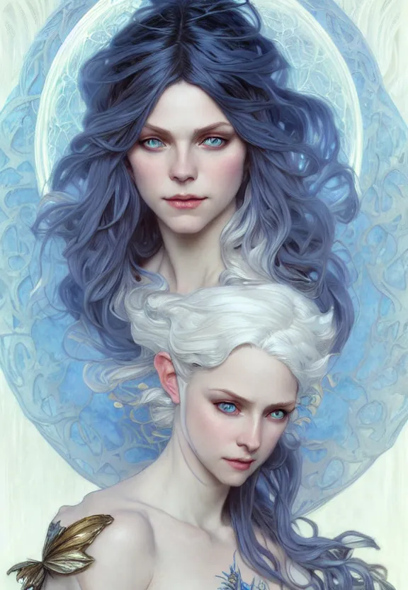 Image similar to portrait of fairy woman, d & d, blue eyes, white hair, face and full body, fantasy, intricate, elegant, highly detailed, digital painting, artstation, concept art, smooth, 8 k, sharp focus, illustration, art by artgerm and greg rutkowski and alphonse mucha