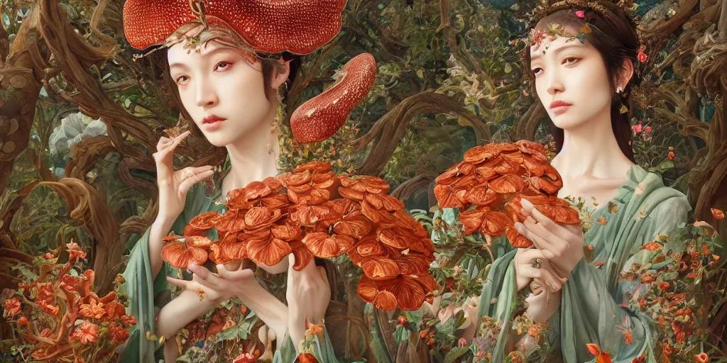 Image similar to breathtaking detailed concept art painting of the goddess of rafflesia arnoldii flowers, orthodox saint, with anxious, piercing eyes, ornate background, amalgamation of leaves and flowers, by Hsiao-Ron Cheng, James jean, Miho Hirano, Hayao Miyazaki, extremely moody lighting, 8K