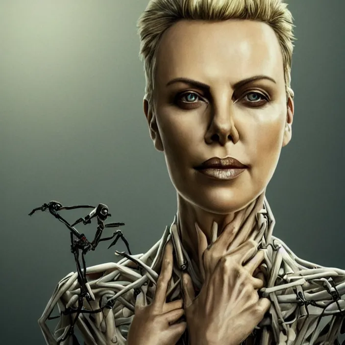 Image similar to portrait of charlize theron as a skull in a suit. intricate abstract. intricate artwork. nightmare fuel. by Tooth Wu, wlop, beeple, dan mumford. octane render, trending on artstation, greg rutkowski very coherent symmetrical artwork. cinematic, hyper realism, high detail, octane render, 8k, iridescent accents