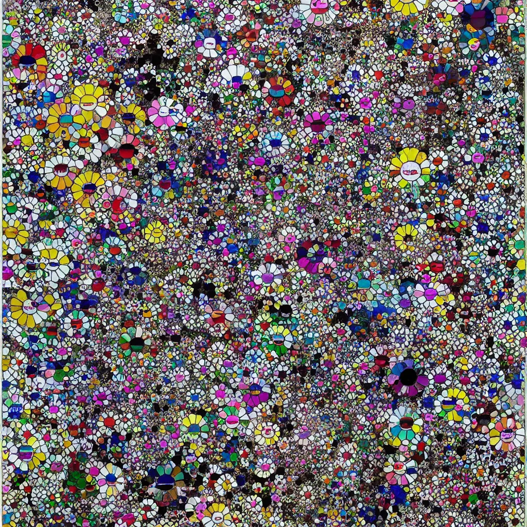 Prompt: camouflage made of flowers, style of takashi murakami, abstract, rei kawakubo artwork, cryptic, stipple, lines, splotch, color tearing, pitch bending, color splotches, dark, ominous, eerie, minimal, points, technical, old painting