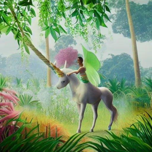 Prompt: A fairy riding a unicorn walking over a rainbow in the jungle by Henri Rousseau and Isami kondo, 8k, unreal engine, octane, weta digital, trending on artstation