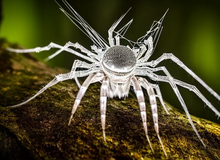 Image similar to portrait of a crystal spider in the forest. Fantasy magic style. Highly detailed 8k. Intricate. Nikon d850 55mm. Award winning photography.