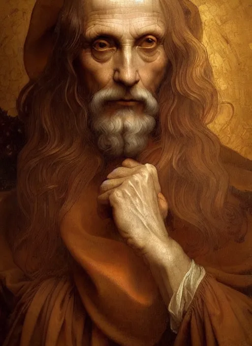 Image similar to renaissance painting depicting old male leonardo davinci, fantasy, intricate, elegant, highly detailed, digital painting, artstation, concept art, smooth, sharp focus, illustration, art by artgerm and greg rutkowski and alphonse mucha