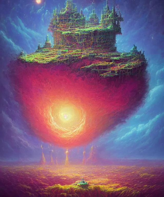 Image similar to an ultra detailed maximalist concept digital art painting of a singular floating island castle, levitating across space in a misty pearlescent nebula by paul lehr kazumasa uchio situated in a starry expanse of bioluminescent cosmic worlds by lee madgwick, beksinski and beeple, ecological art, flying citadel with towers, trending on artstation