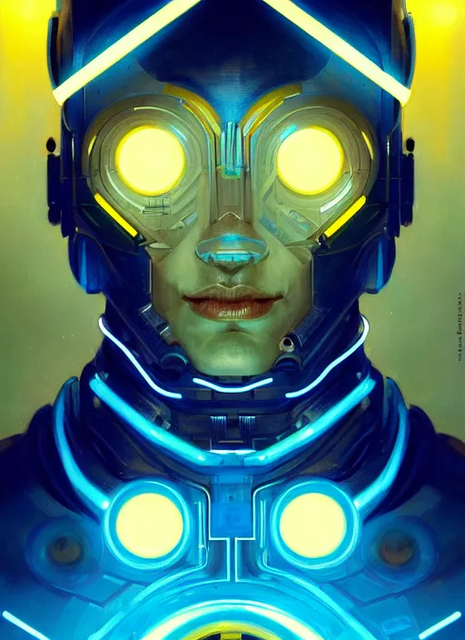 Image similar to symmetry!! portrait of a cyborg man, sci - fi, tech wear, blue and yellow glowing lights!! intricate, elegant, highly detailed, digital painting, artstation, concept art, smooth, sharp focus, illustration, art by artgerm and greg rutkowski and alphonse mucha