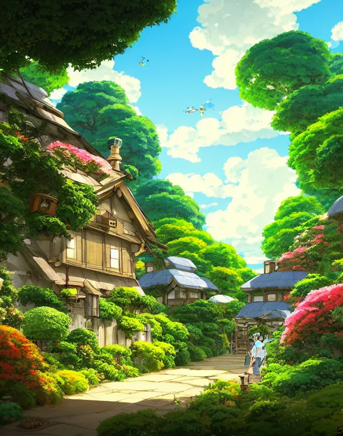 Prompt: studio ghibli, flowery cottage, in a flying city, solar, green technology, optimist future by asher durand.