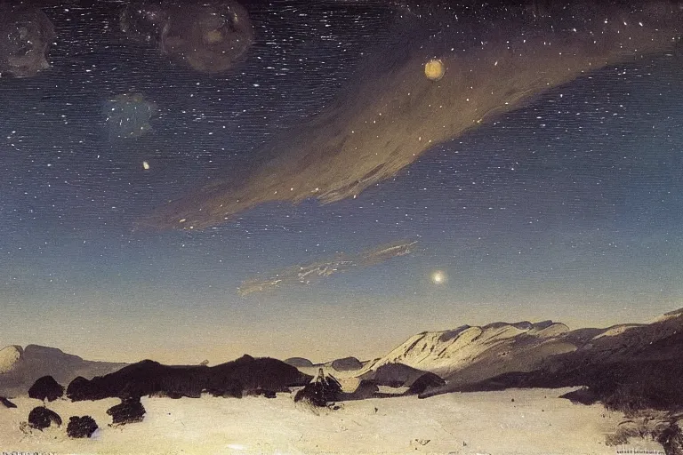 Image similar to night sky with clouds and stars, colorful, beautiful, national geographic, very detailed, oil painting, canvas, Theodor Kittelsen, Hermann Hendrich