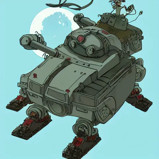 Image similar to a beautiful movie still in the style of Studio Ghibli anime showing a cute tank mecha with arms fighting an Alien from Aliens (1986). Studio Ghibli, aerial photography, wide angle lens, trending on artstation, trending on behance