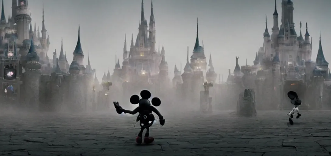 Prompt: evil epic mickey mouse walking out from epic temple, foggy, cinematic shot, photo still from movie by denis villeneuve, wayne barlowe