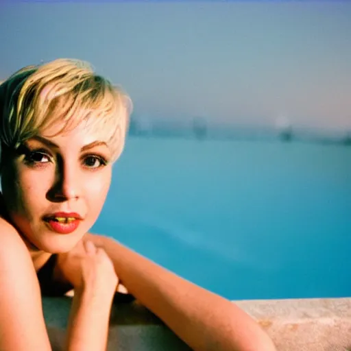 Prompt: a portrait of a beautiful woman with short hair, wearing diamonds, sitting in the pool, evening, los angeles landscape on background, 1 9 7 0 film photography