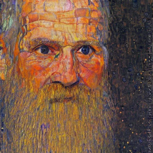 Image similar to detailing character concept portrait of old man by Gustav Klimt, on simple background, oil painting, middle close up composition