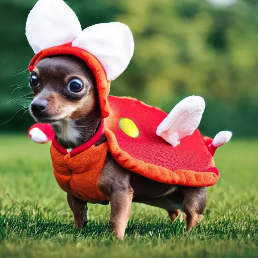 Image similar to photo of mini brown chihuahua in a bowser costume. Post processing , award winning , masterpiece , photo realistic