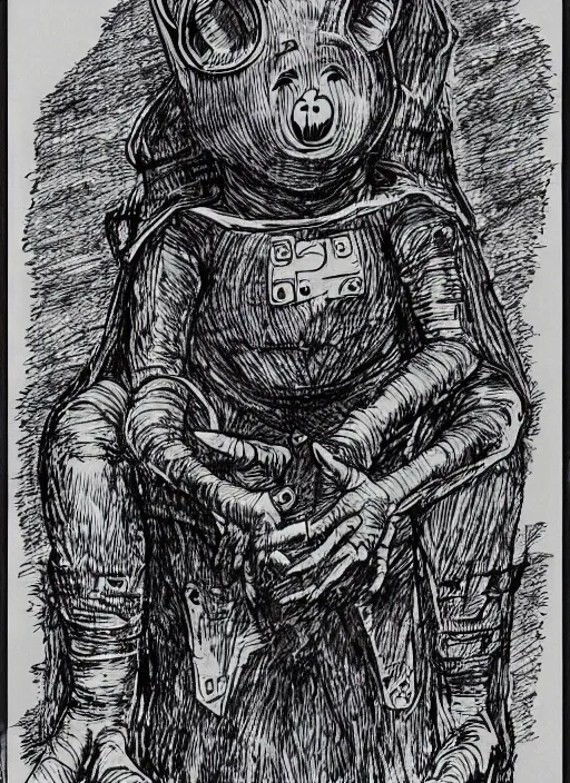 Image similar to tinky winky the teletubbie as a D&D creature, full body, pen-and-ink illustration, etching, by Russ Nicholson, DAvid A Trampier, larry elmore, 1981, HQ scan, intricate details, Monster Manula, Fiend Folio