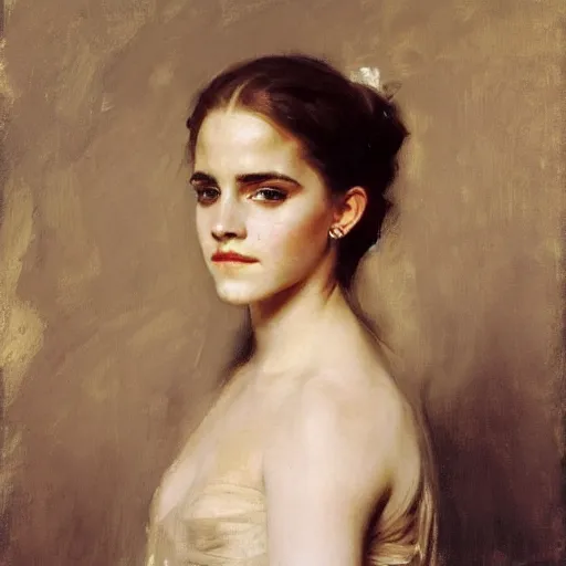 Prompt: portrait painting of emma watson, by john singer sargent, ilya repin, bouguereau, carolus - duran, elegant, 1 9 th - century, old masters, award winning, louvre collection, museum collection, realistic face, detailed