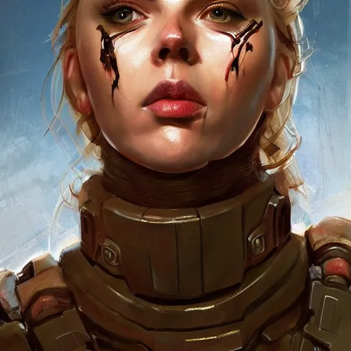 Prompt: scarred doomguy played by scarlett johansson, face portrait, hd shot, digital portrait, elegant, beautiful, fantasy art, artstation, comic style, by artgerm, guy denning, jakub rozalski, magali villeneuve and charlie bowater