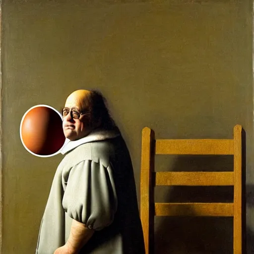 Image similar to danny devito standing next to a chair shaped like an egg, renaissance painting by vermeer