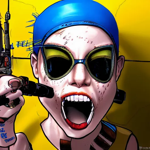 Image similar to tank girl comic, ultra detailed face, ukrainan flag