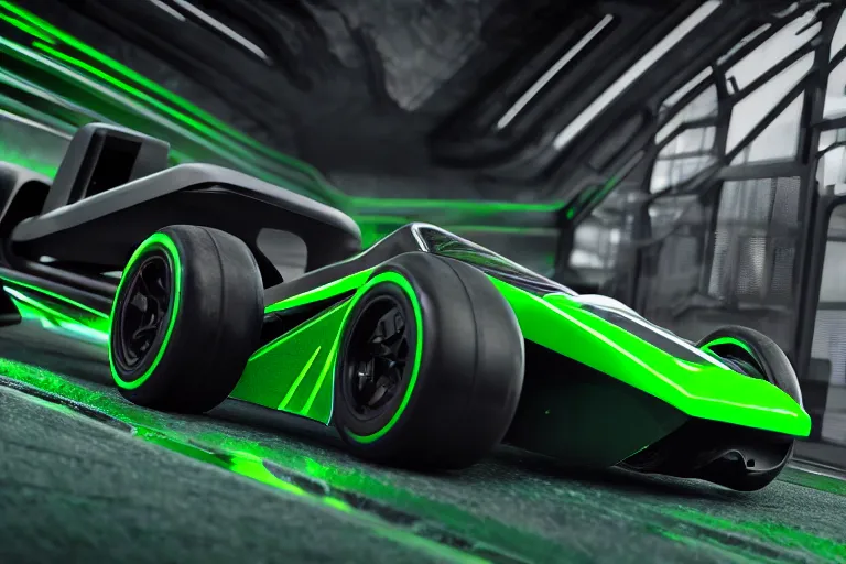 Prompt: a futuristic black and green Trackmania racing car with ZeratoR written on the side of the body, matte-black, green neon, ray-tracing, octane render, unreal engine, green cyberpunk city background