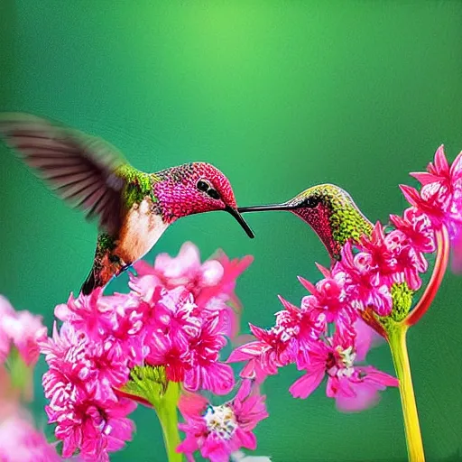 Prompt: “ hummingbirds drinking nectar from flowers, digital art, sigma 2 4 mm f / 8 ”