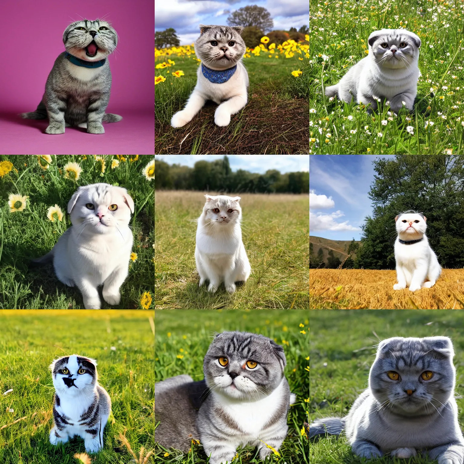 Prompt: davy gray scottish fold sitting in the middle of sunny meadow