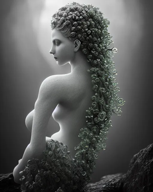 Image similar to mythical dreamy underwater artistic black and white 3 d render of a translucent beautiful young female angelic - medusa - vegetal - doll, highly detailed, intricate crystal ivy jelly ornate, poetic, translucent algae ornate, digital art, octane render, 8 k artistic photography, photo - realistic, hg giger flora borsi