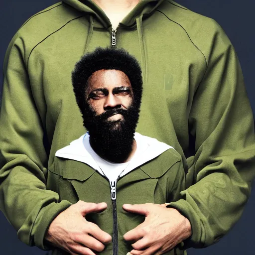 Image similar to black man with afro hair and raspy beard stubble, wearing an army green adidas jacket by dave mckean