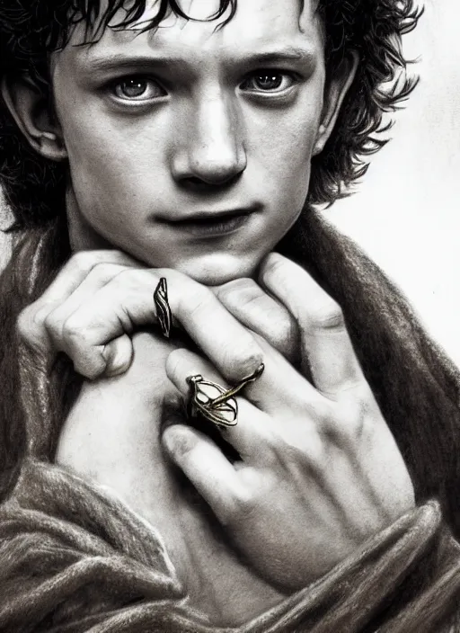 Image similar to portrait of tom holland as frodo, hobbit wearing a gold ring with engravings on his finger, by alan lee, lord of the rings, smooth, detailed terrain, oil painting, matte painting, concept art, trending on artstation, promotional artwork, film still, elegant, photorealistic facial features, intricate, detailed face, cinematic lighting