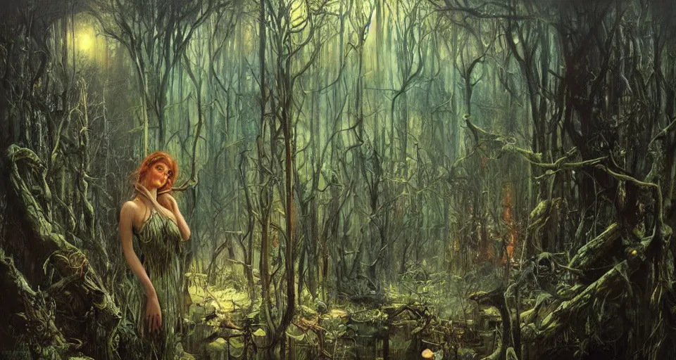 Image similar to A dense and dark enchanted forest with a swamp, by Karol Bak