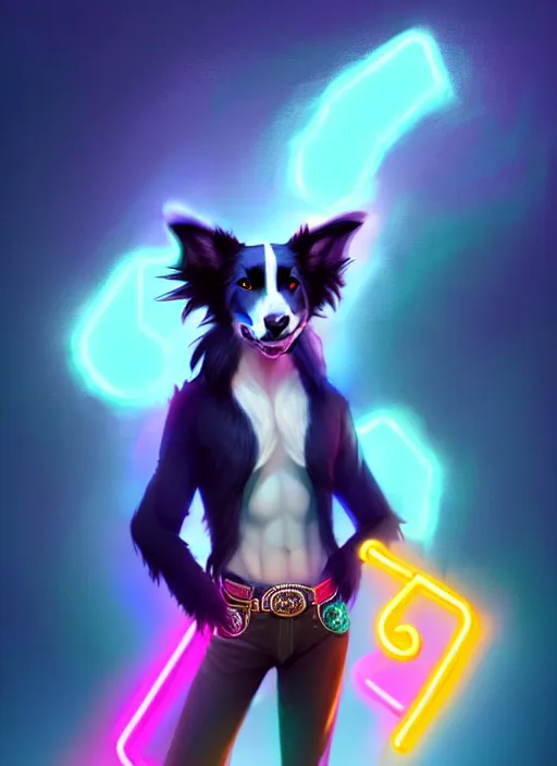 Image similar to wide angle beautiful full body portrait of a cute male anthropomorphic anthro border collie fursona wearing cowboy outfit in a neon metropolis, character design by charlie bowater, henry asencio, and ross tran, furry art, furaffinity, beautiful, glamor pose, detailed, aesthetic, trending on artstation