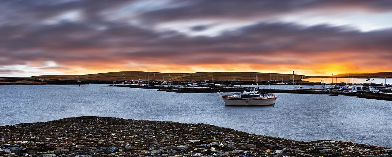 Prompt: a landscape photograph of the harbour at Stromness orkney, by Vanda Ralevska, wide angle, sunset