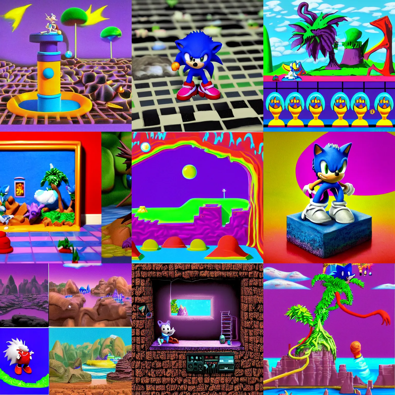 Prompt: clay stop motion claymation portrait of sonic hedgehog and a matte painting landscape of a surreal sharp, detailed professional soft pastels high quality airbrush art lava lamp album cover liquid dissolving airbrush art lsd dmt sonic the hedgehog swimming through cyberspace purple checkerboard background 1 9 9 0 s 1 9 9 2 sega genesis rareware video game album cover