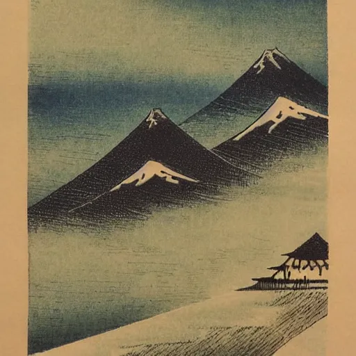 Prompt: Fujiyama, mountain range, valley with villages, small clouds in the sky, woodblock print, by Hiroshi Yoshida