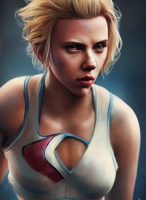 Image similar to fantasy comic book style portrait painting of an athletic Scarlett Johansson with blonde hair dancing, unreal 5, DAZ, hyperrealistic, octane render, cosplay, RPG portrait, dynamic lighting