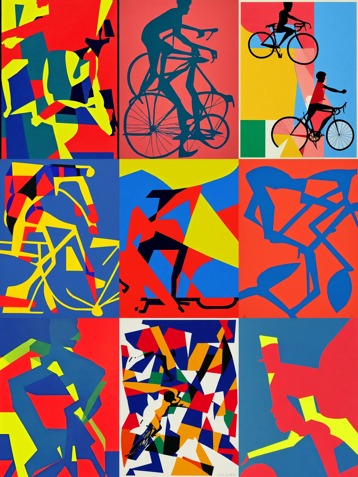 Prompt: silhouette of a fast cyclist in a minimalist collage of geometric shapes, tetrachromacy, primary colors, in the style of ikko tanaka, japanese graphic design, 1 9 9 0,