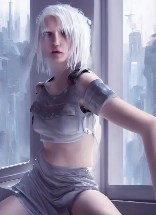 Image similar to white haired girl in a miniskirt sitting on a window, cyberpunk, digital art, expressive oil painting, highly detailed, trending on artstation, octane render, beautiful face