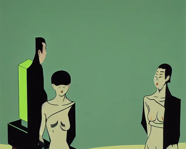 Image similar to a terrifying, disturbing painting by Hiroshi Nagai. Reg, green, and black