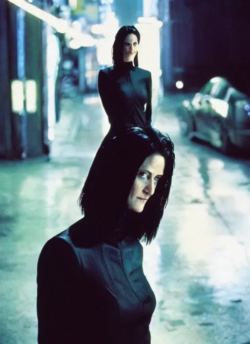 Prompt: A hyper realistic and detailed head portrait photography of Carrie-Anne Moss of The Matrix, on a futuristic street. by Annie Leibovitz. Neo noir style. Cinematic. neon lights glow in the background. Cinestill 800T film. Lens flare. Helios 44m